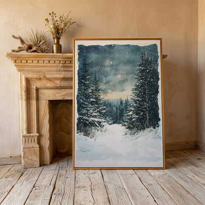 Snowy Forest Path Canvas Print with Cerulean Winter Sky in antique gold floating frame
