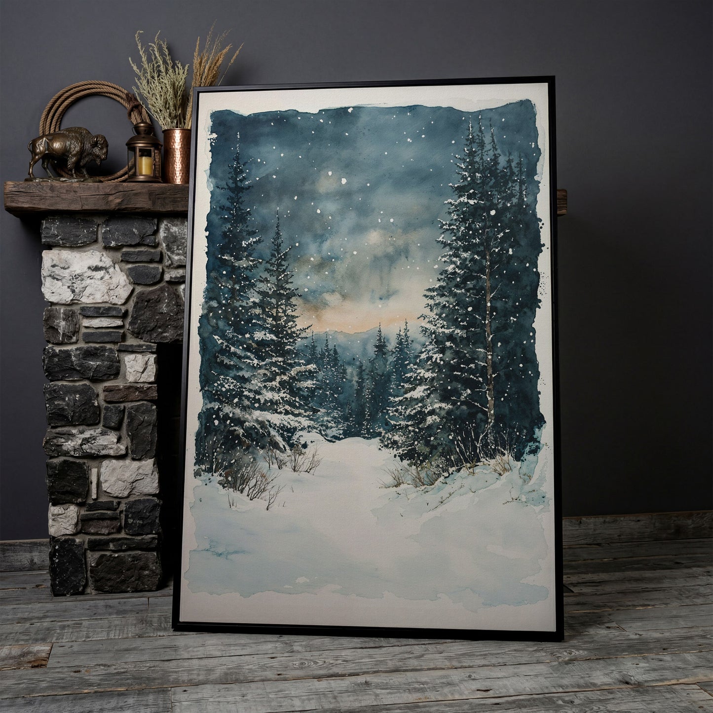 Snowy Forest Path Canvas Print with Cerulean Winter Sky in black floating frame