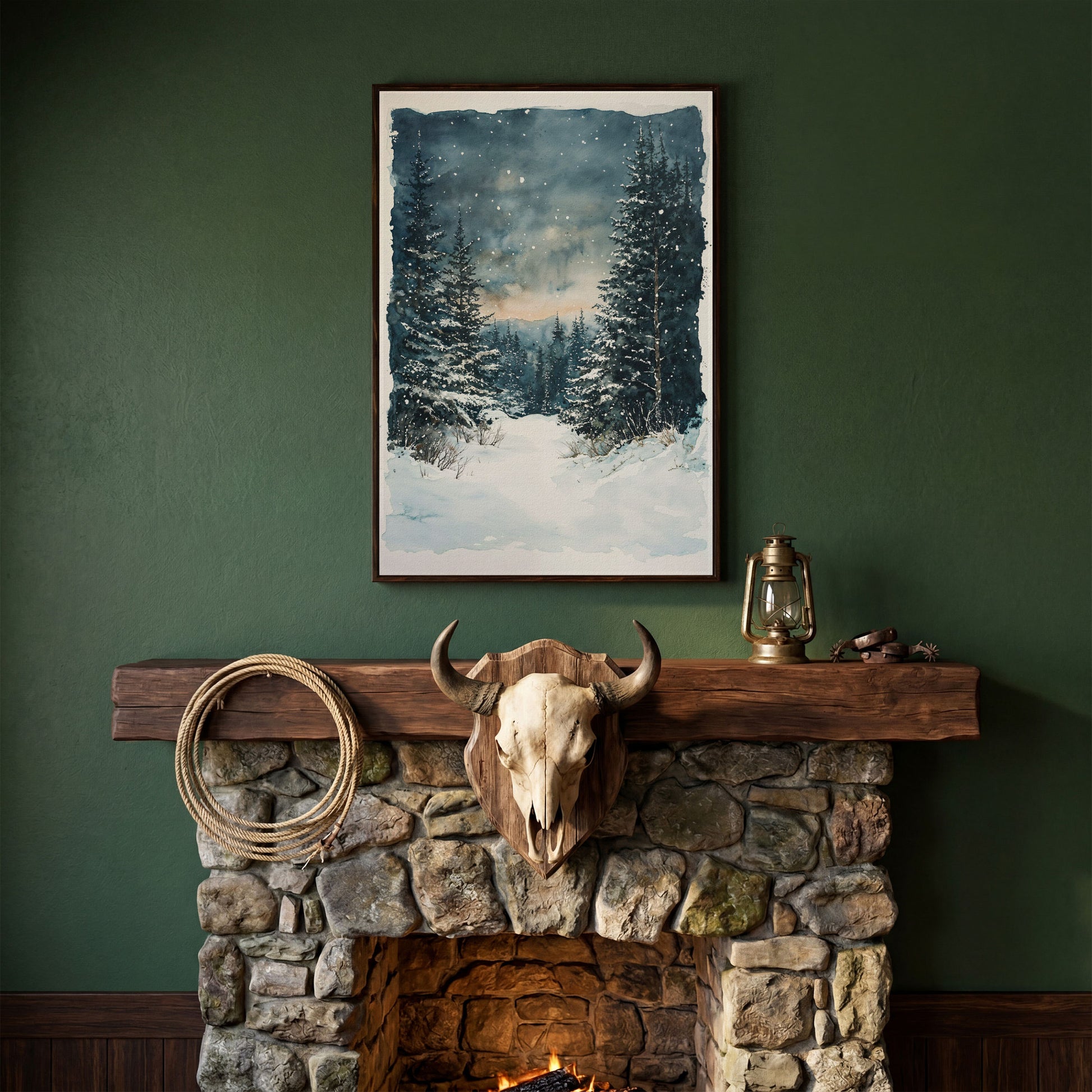 Snowy Forest Path Canvas Print with Cerulean Winter Sky in dark walnut floating frame