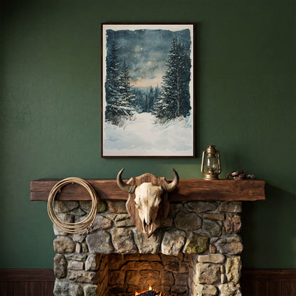 Snowy Forest Path Canvas Print with Cerulean Winter Sky in dark walnut floating frame