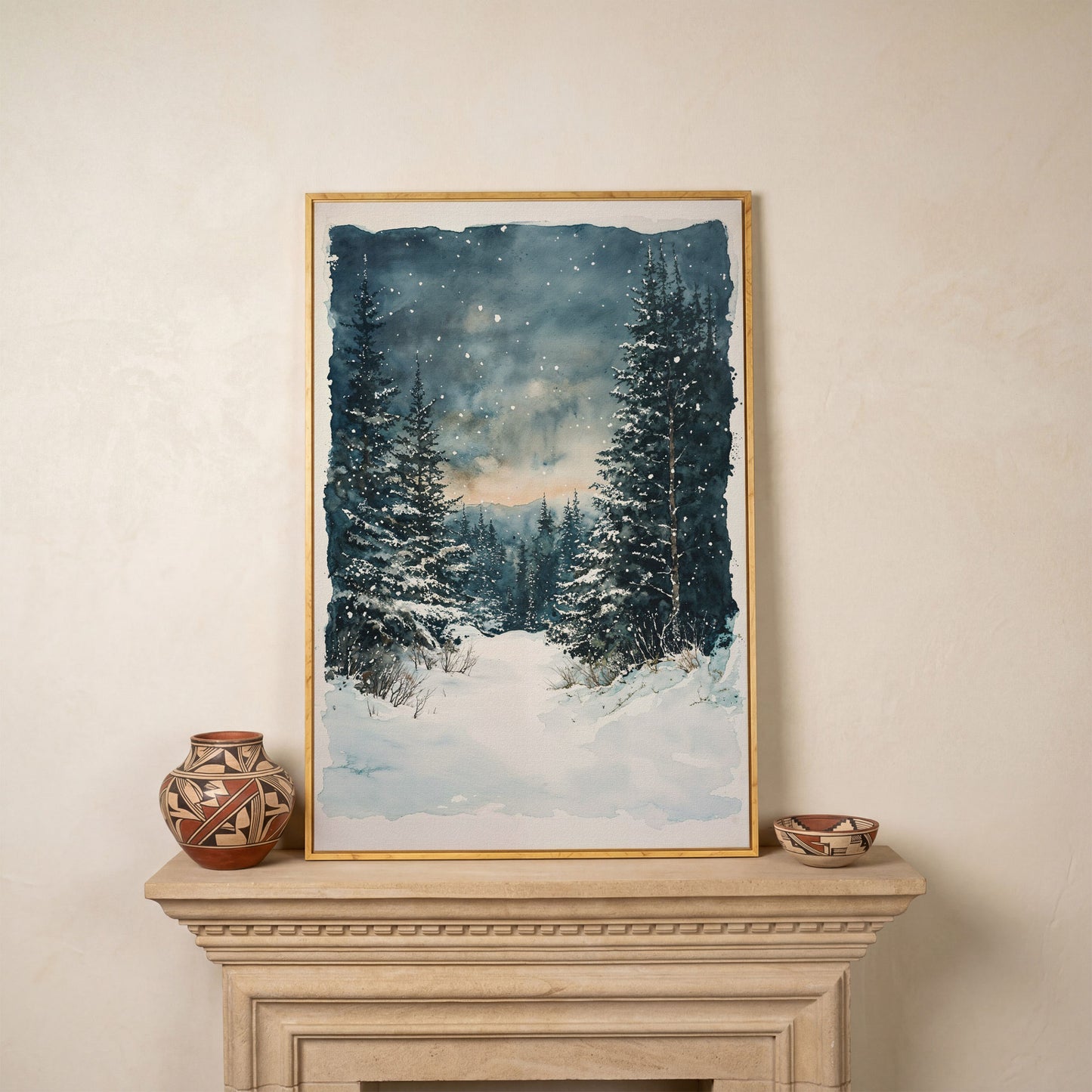 Snowy Forest Path Canvas Print with Cerulean Winter Sky in white oak floating frame