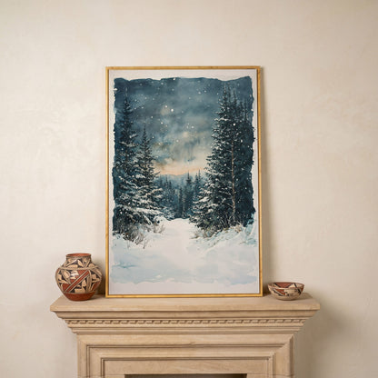 Snowy Forest Path Canvas Print with Cerulean Winter Sky in white oak floating frame
