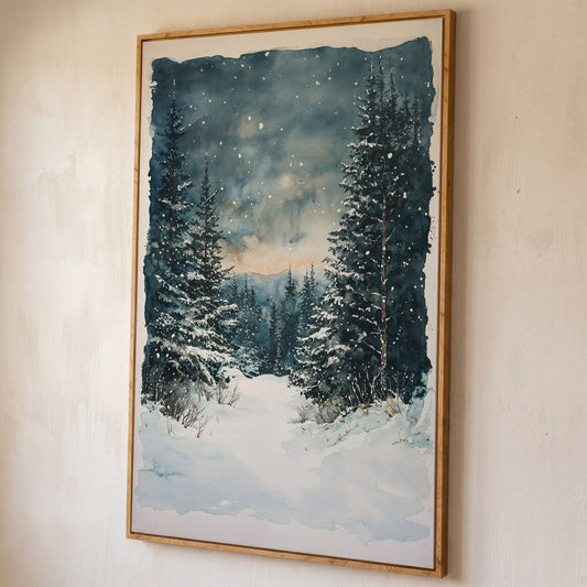 Snowy Forest Path Canvas Print with Cerulean Winter Sky shown in white oak floating frame