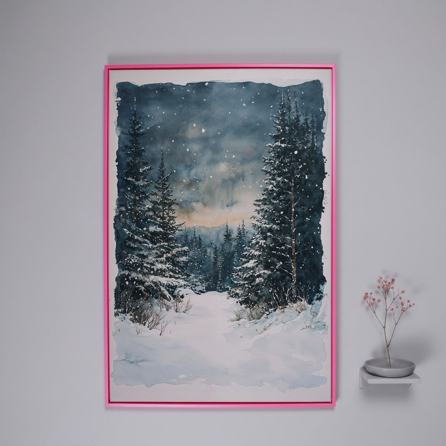 Snowy Forest Path Canvas Print with Cerulean Winter Sky in pink floating frame