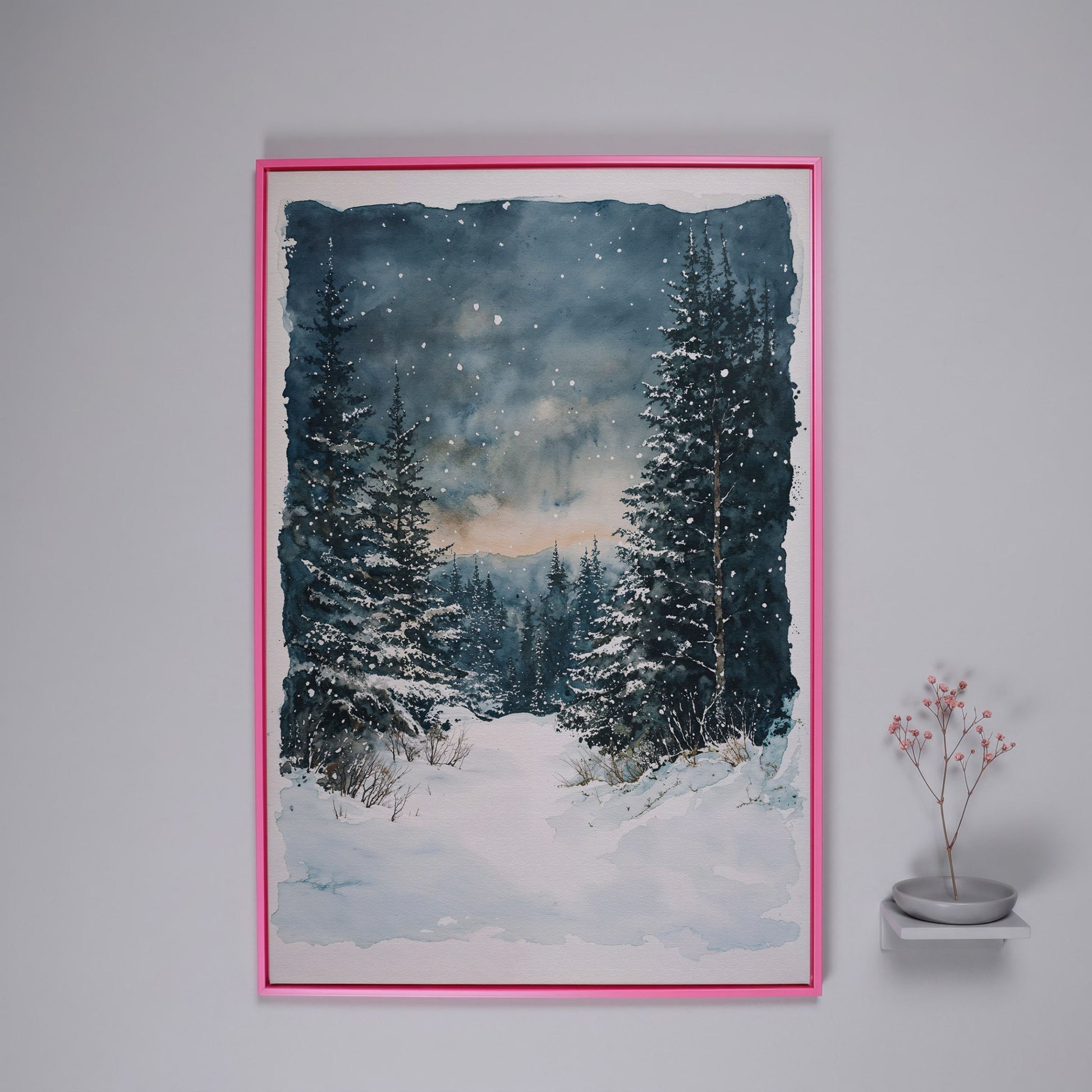 Snowy Forest Path Canvas Print with Cerulean Winter Sky in pink floating frame
