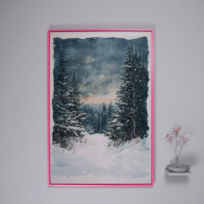 Snowy Forest Path Canvas Print with Cerulean Winter Sky in pink floating frame