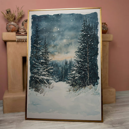 Snowy Forest Path Canvas Print with Cerulean Winter Sky in rose gold floating frame