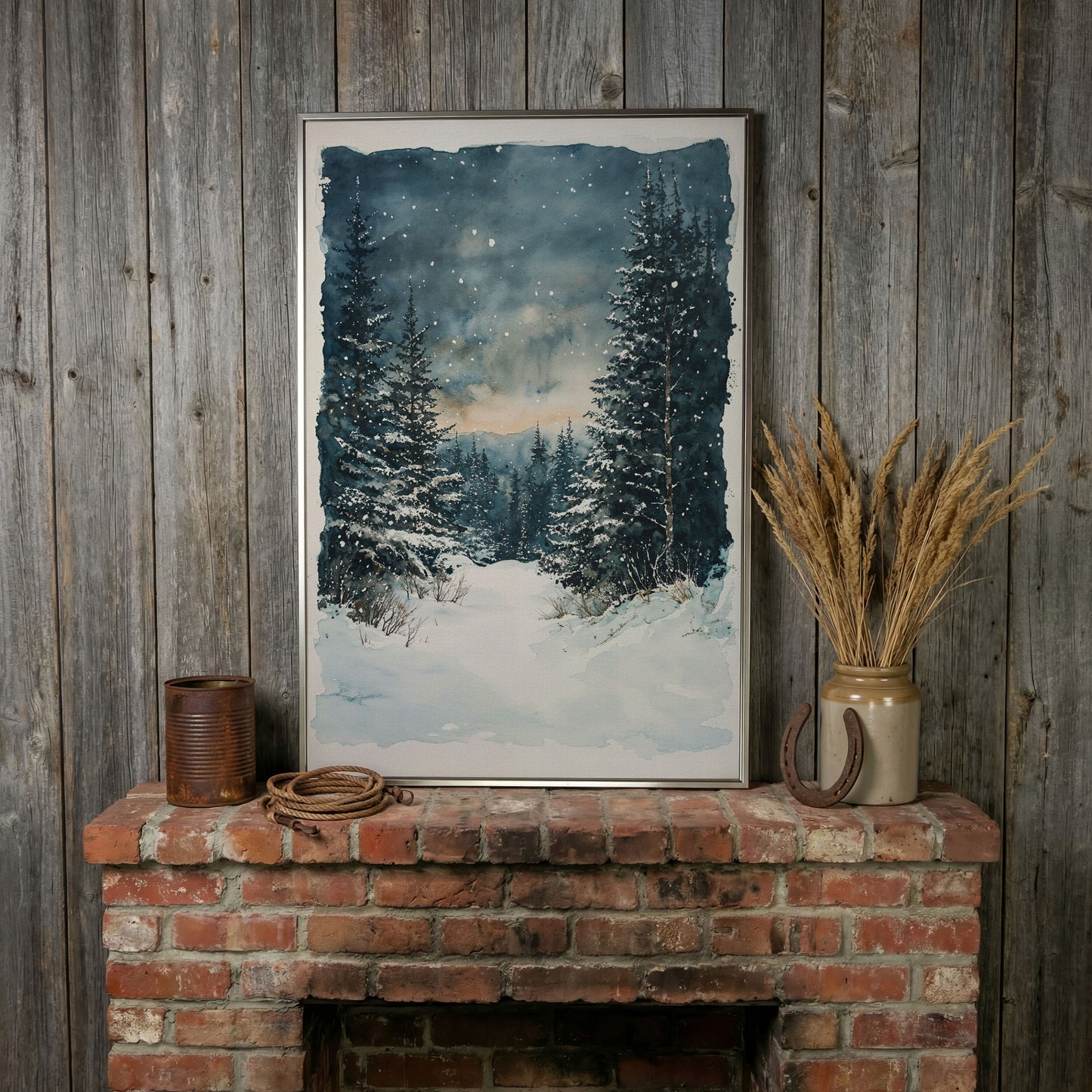 Snowy Forest Path Canvas Print with Cerulean Winter Sky in silver floating frame