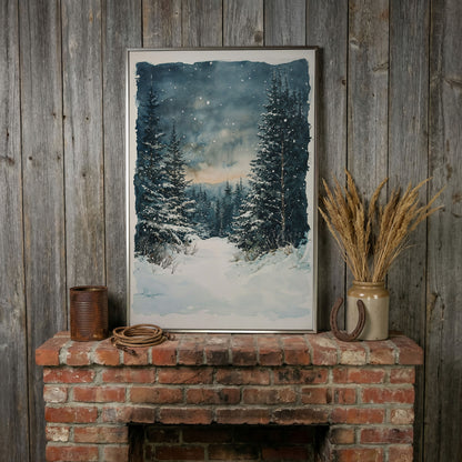 Snowy Forest Path Canvas Print with Cerulean Winter Sky in silver floating frame
