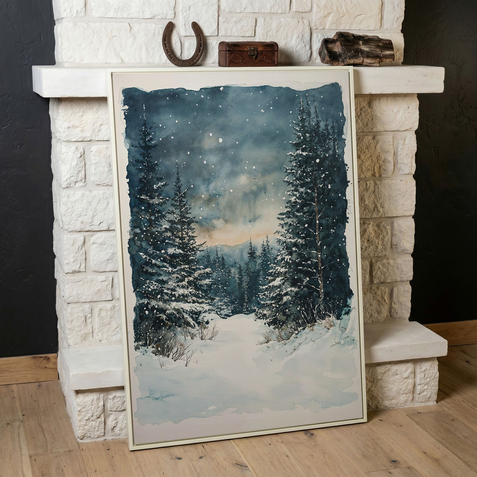Snowy Forest Path Canvas Print with Cerulean Winter Sky in white floating frame