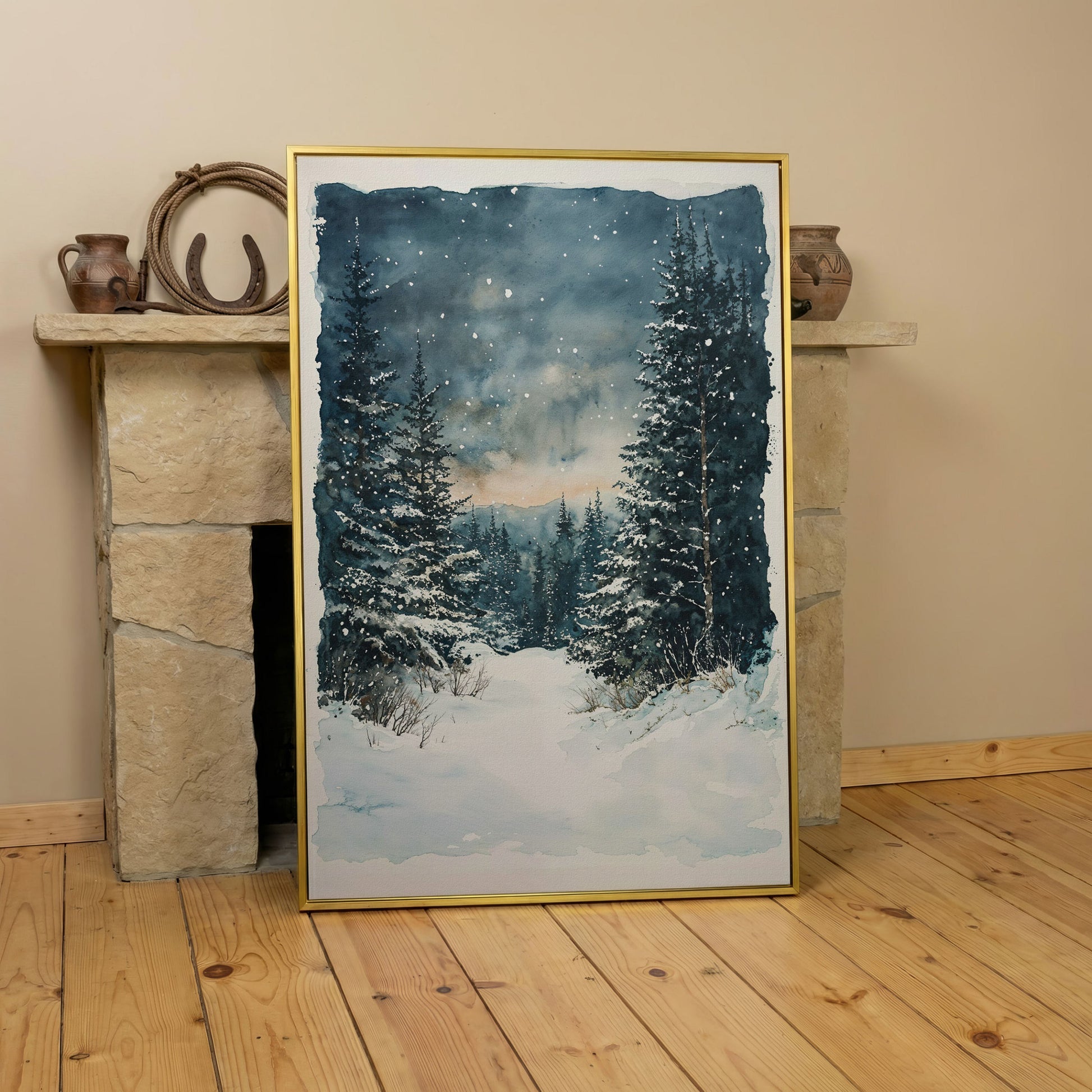 Snowy Forest Path Canvas Print with Cerulean Winter Sky in yellow gold floating frame