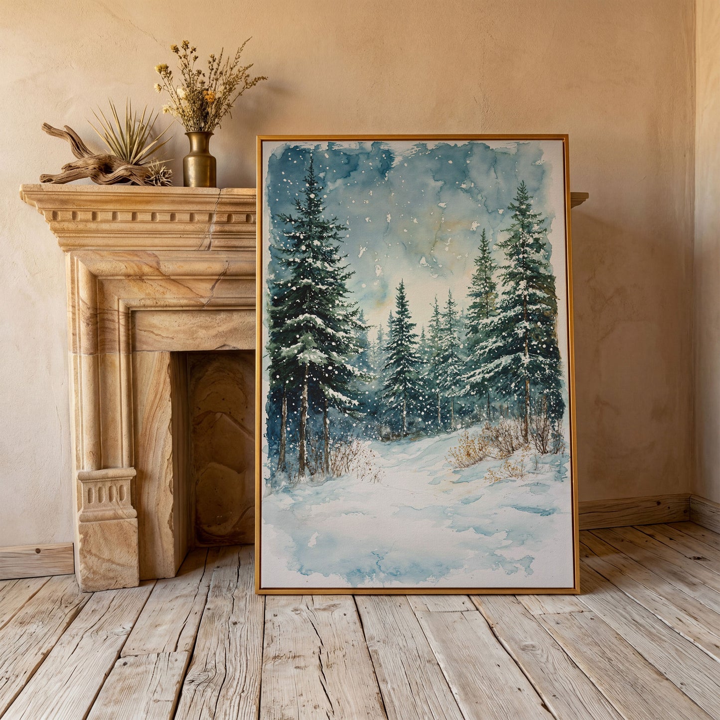 Snowy Pine Forest Canvas Print, Winter Scene in antique gold floating frame