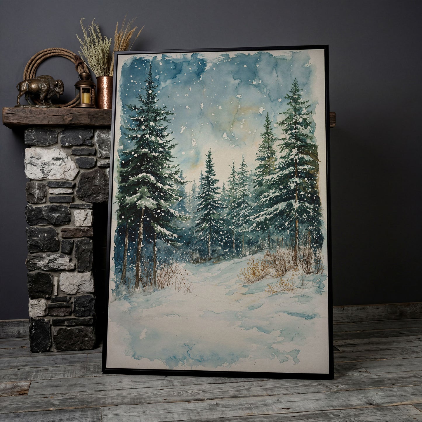 Snowy Pine Forest Canvas Print, Winter Scene in black floating frame