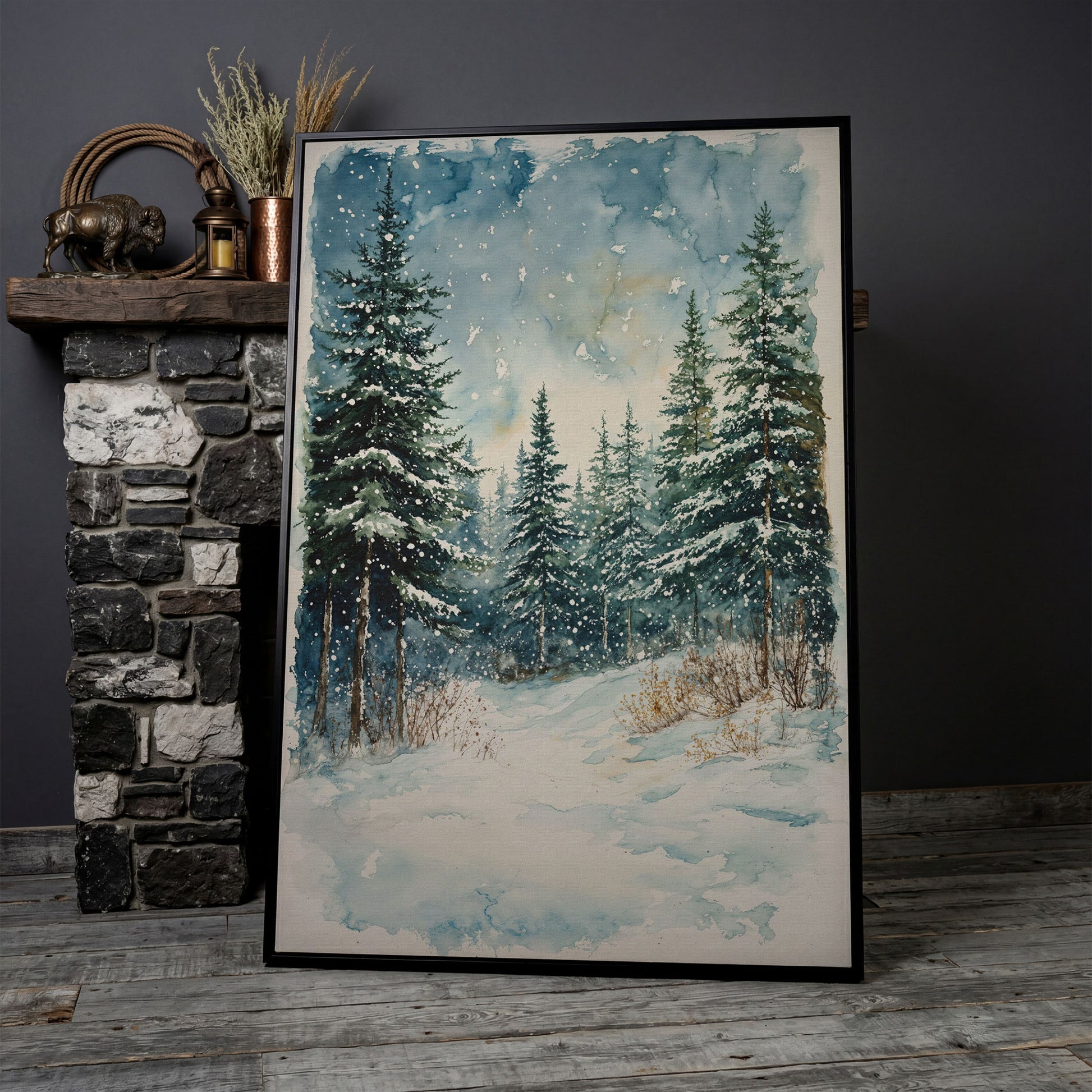 Snowy Pine Forest Canvas Print, Winter Scene in black floating frame