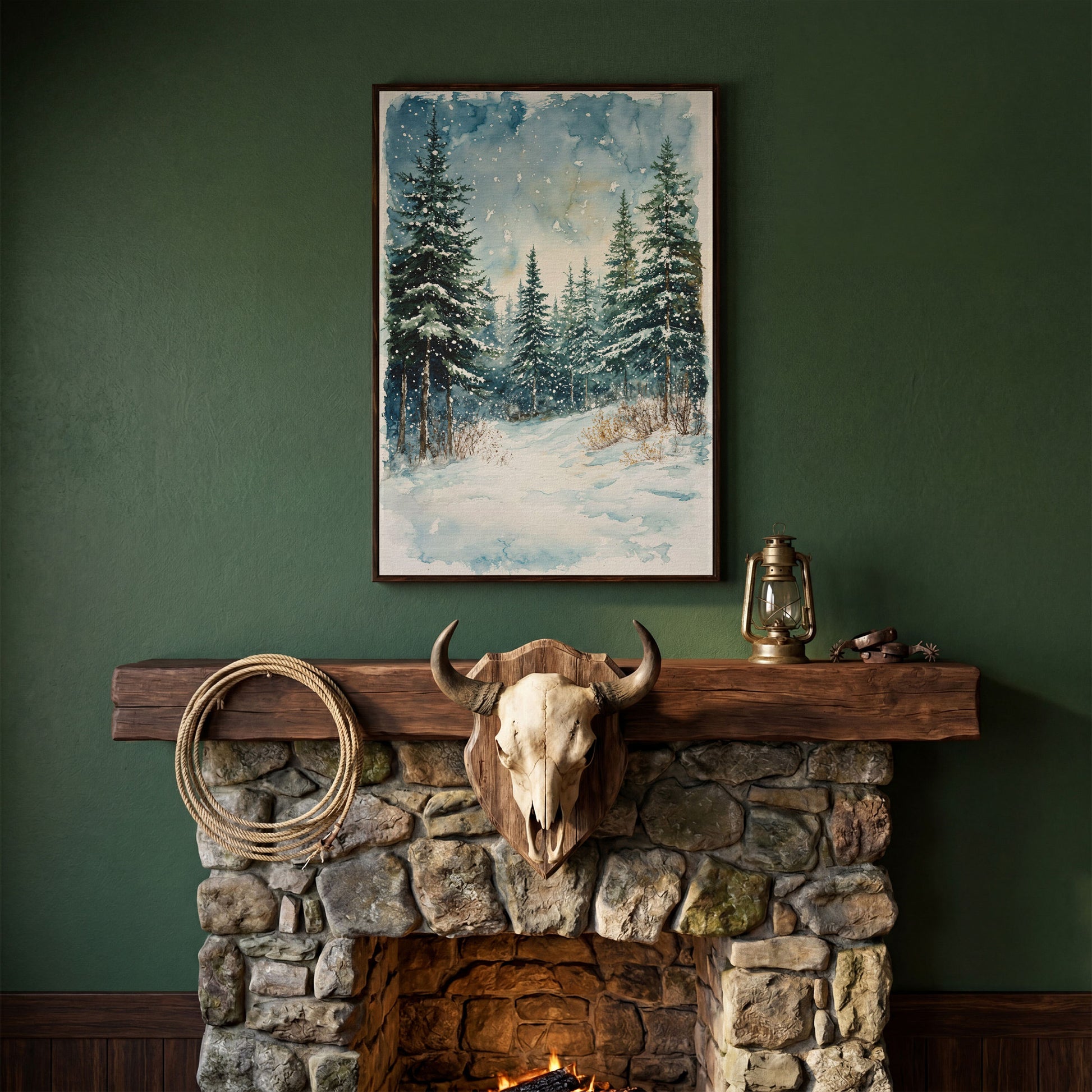 Snowy Pine Forest Canvas Print, Winter Scene in dark walnut floating frame