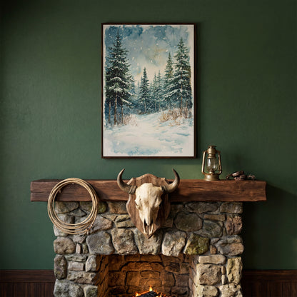 Snowy Pine Forest Canvas Print, Winter Scene in dark walnut floating frame