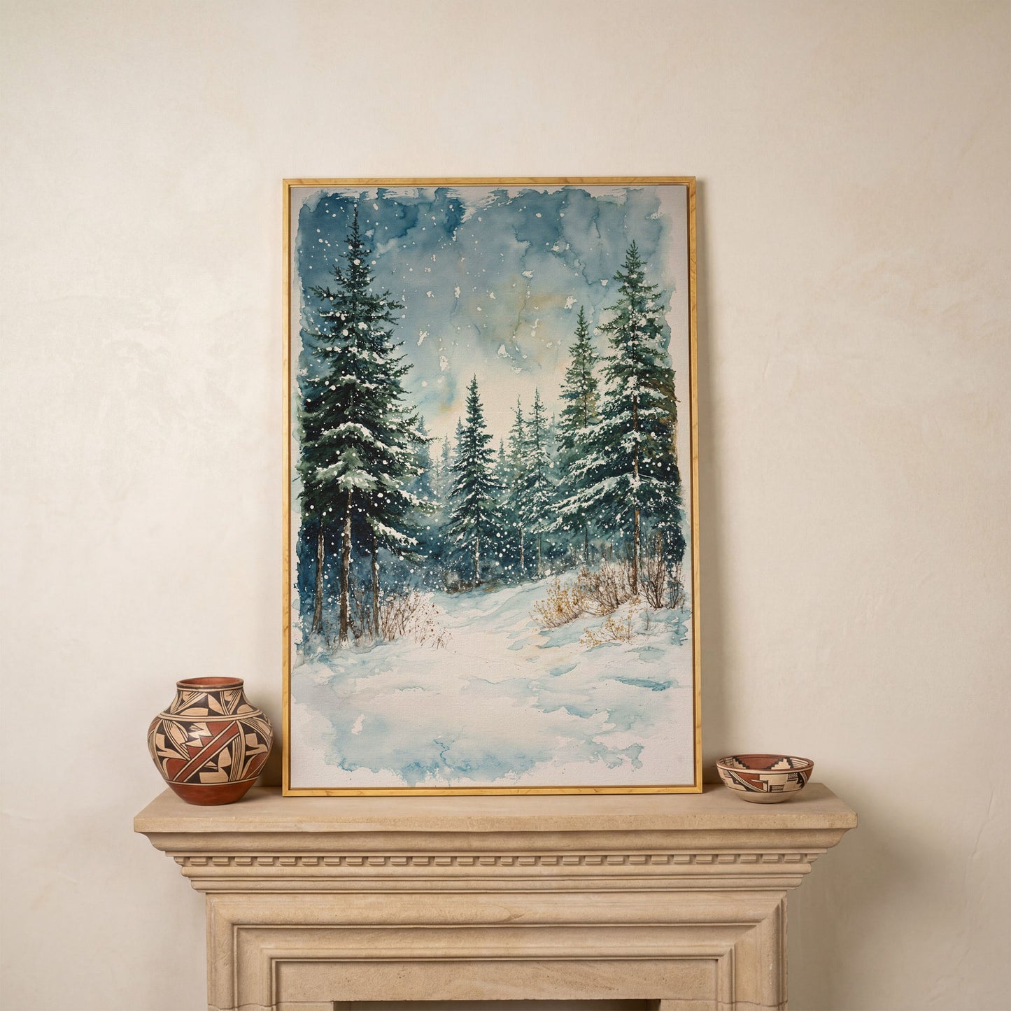 Snowy Pine Forest Canvas Print, Winter Scene in white oak floating frame