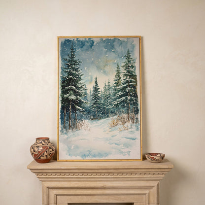 Snowy Pine Forest Canvas Print, Winter Scene in white oak floating frame