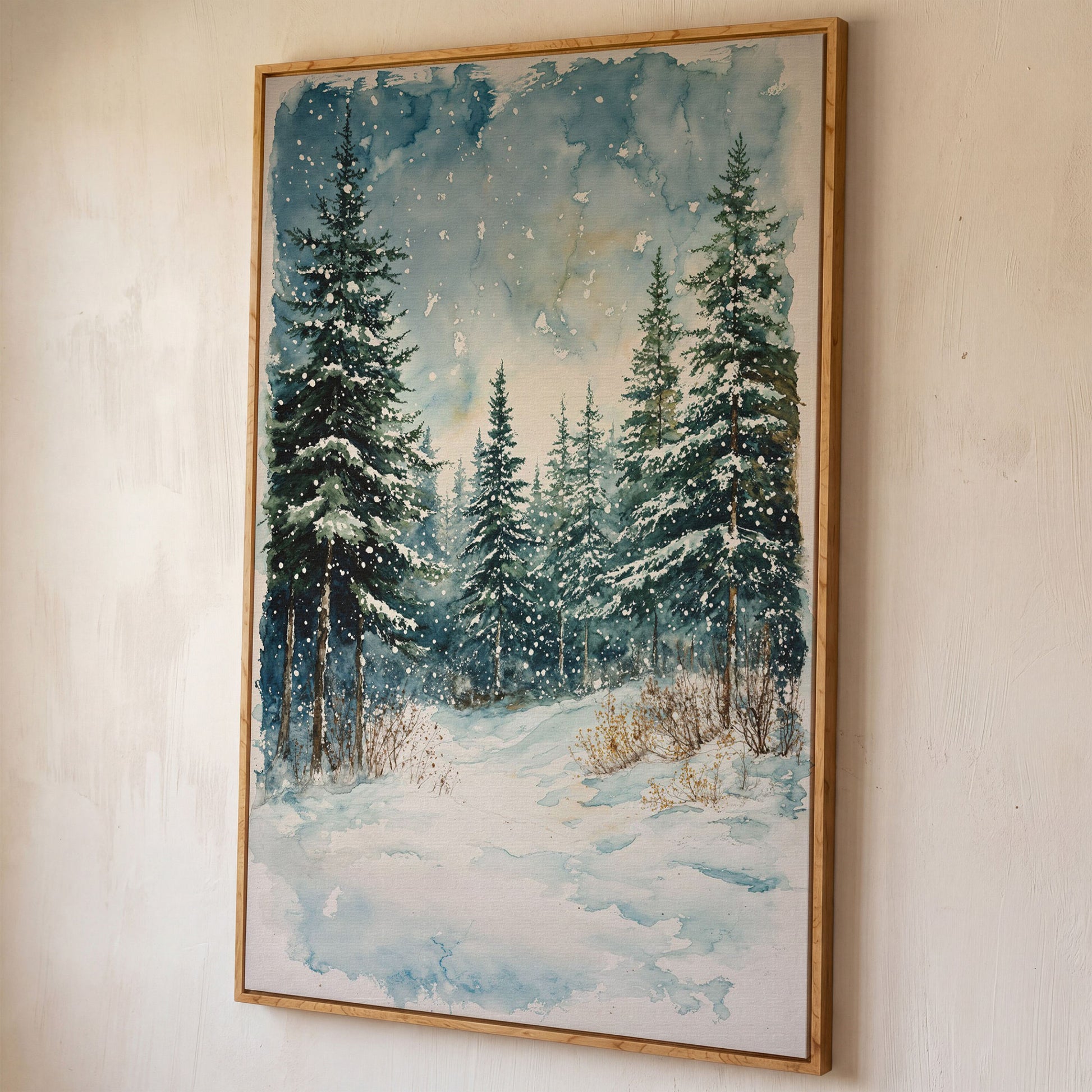 Snowy Pine Forest Canvas Print, Winter Scene shown in white oak floating frame