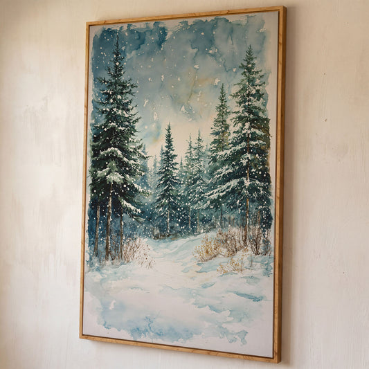Snowy Pine Forest Canvas Print, Winter Scene shown in white oak floating frame