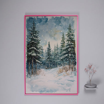Snowy Pine Forest Canvas Print, Winter Scene in pink floating frame