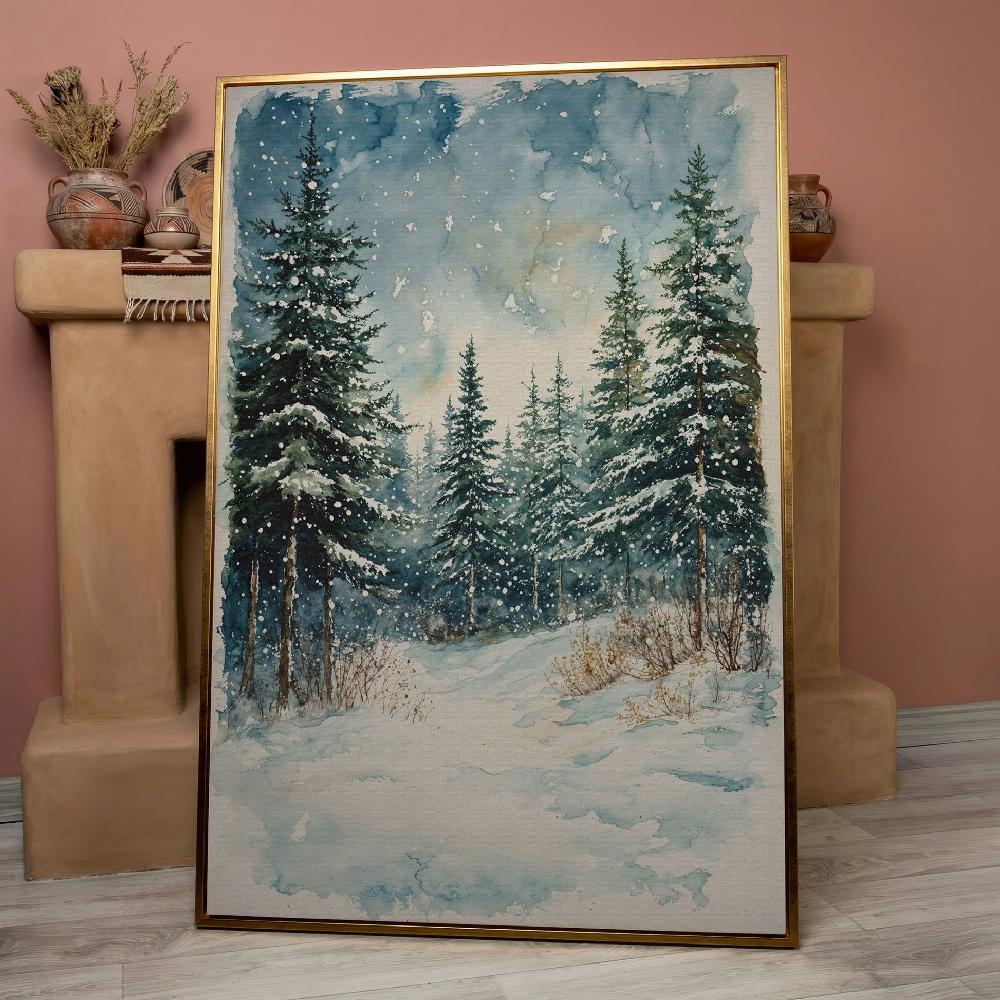 Snowy Pine Forest Canvas Print, Winter Scene in rose gold floating frame
