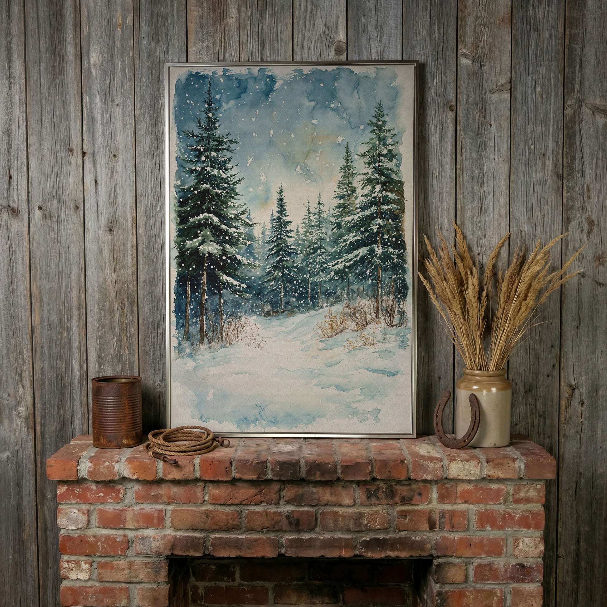 Snowy Pine Forest Canvas Print, Winter Scene in silver floating frame