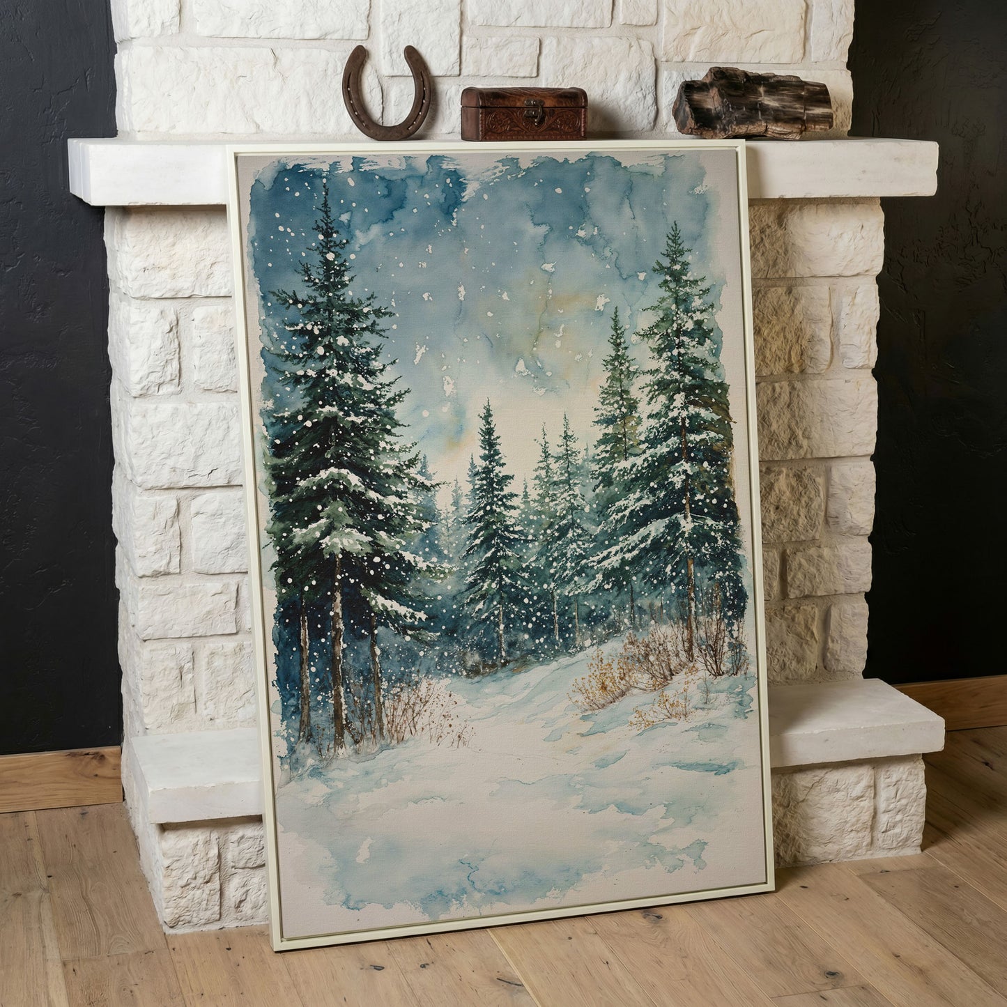 Snowy Pine Forest Canvas Print, Winter Scene in white floating frame