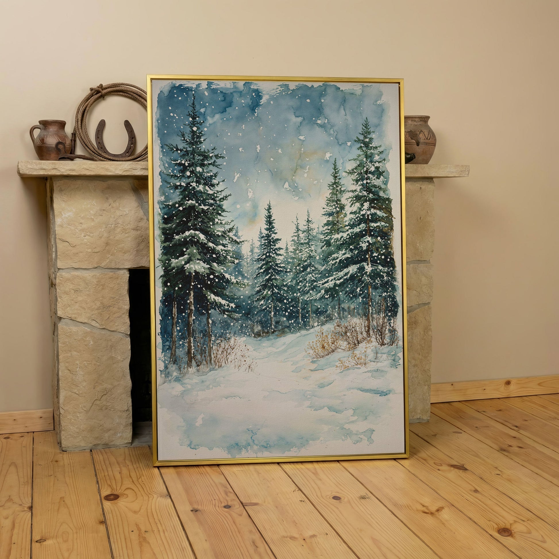 Snowy Pine Forest Canvas Print, Winter Scene in yellow gold floating frame