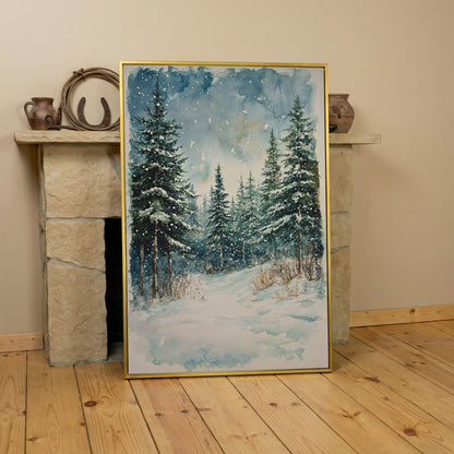 Snowy Pine Forest Canvas Print, Winter Scene in yellow gold floating frame
