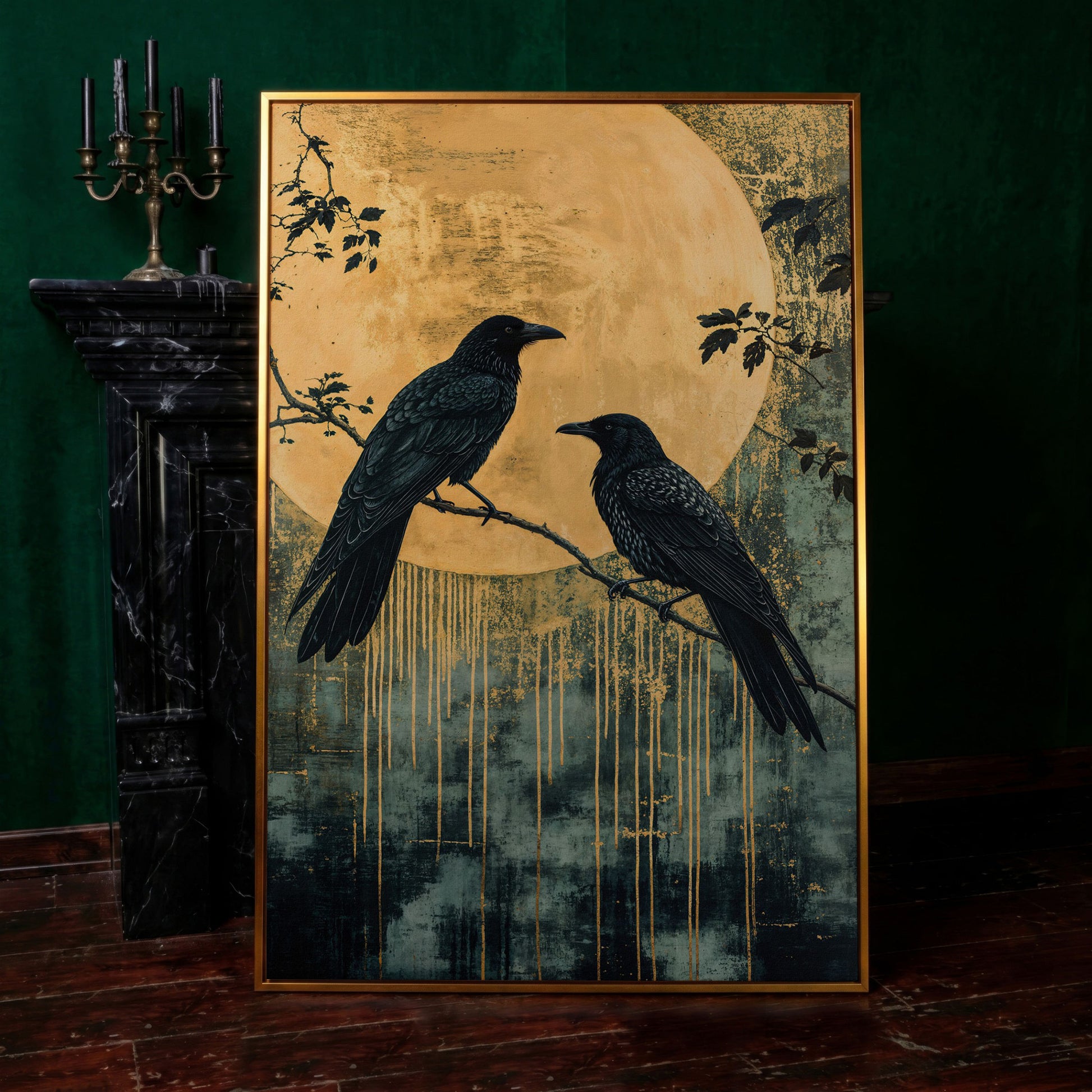 Raven and Moon Canvas Print in Teal and Gold in antique gold floating frame