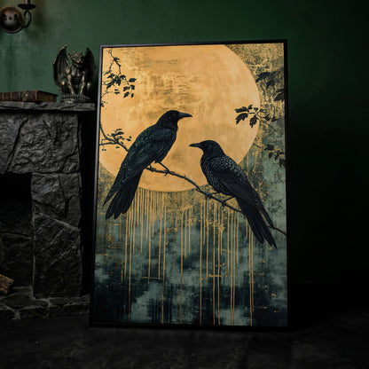 Raven and Moon Canvas Print in Teal and Gold in black floating frame