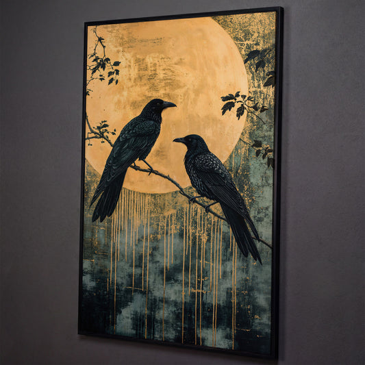 Raven and Moon Canvas Print in Teal and Gold shown in black floating frame