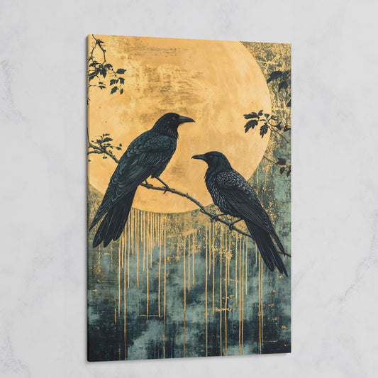 Raven and Moon Canvas Print in Teal and Gold on gallery wrap