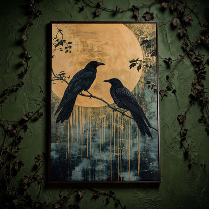 Raven and Moon Canvas Print in Teal and Gold in dark walnut floating frame