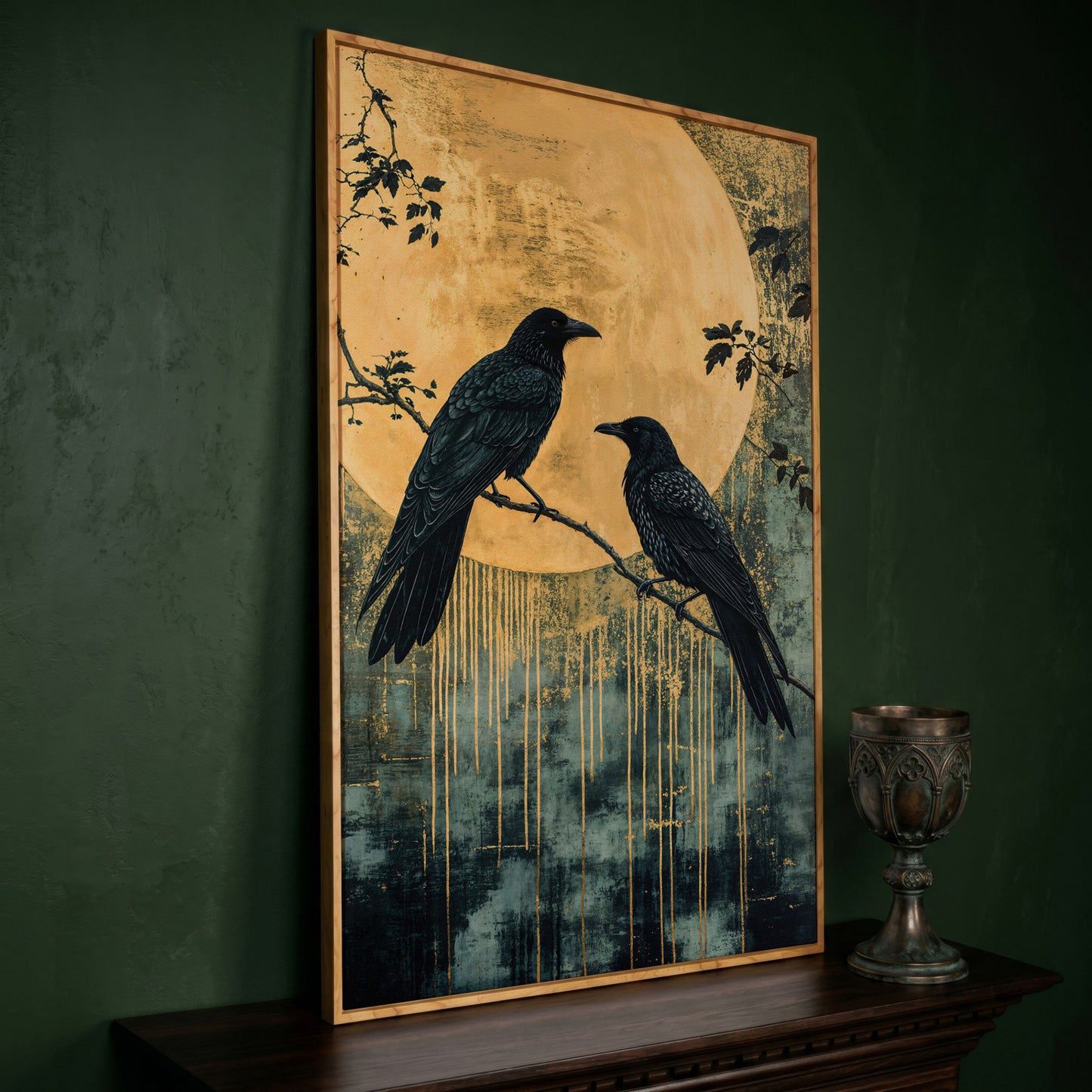 Raven and Moon Canvas Print in Teal and Gold in white oak floating frame