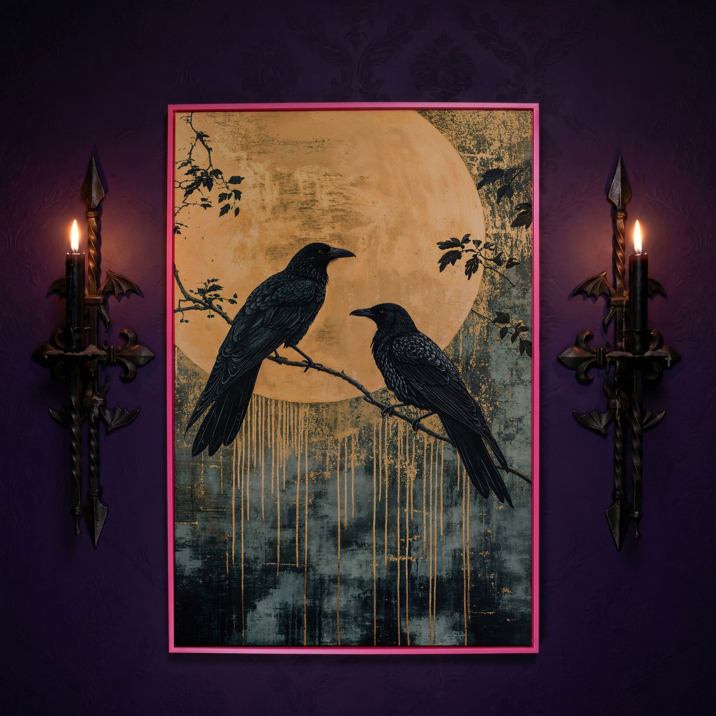 Raven and Moon Canvas Print in Teal and Gold in pink floating frame