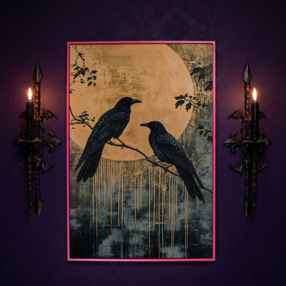 Raven and Moon Canvas Print in Teal and Gold in pink floating frame
