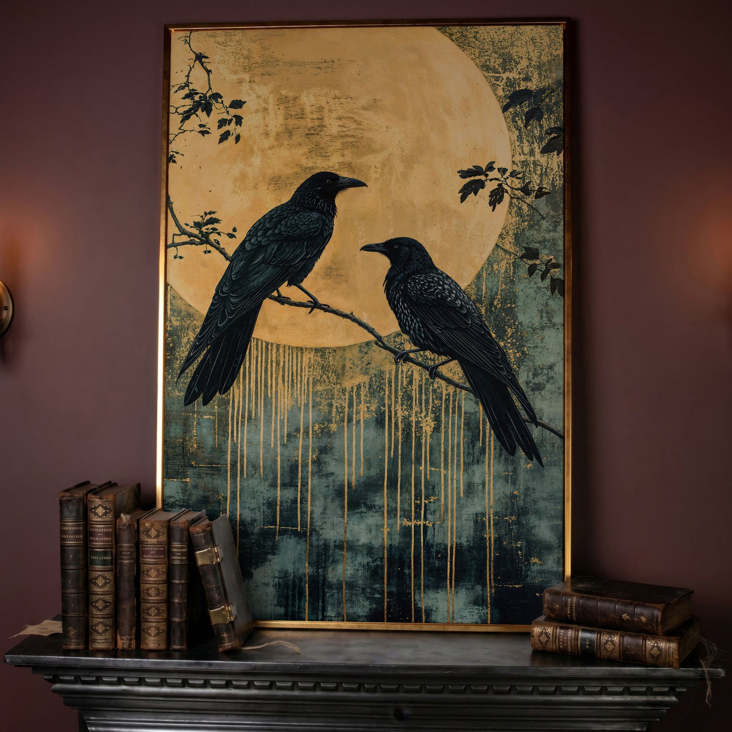 Raven and Moon Canvas Print in Teal and Gold in rose gold floating frame