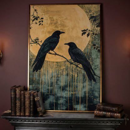 Raven and Moon Canvas Print in Teal and Gold in rose gold floating frame