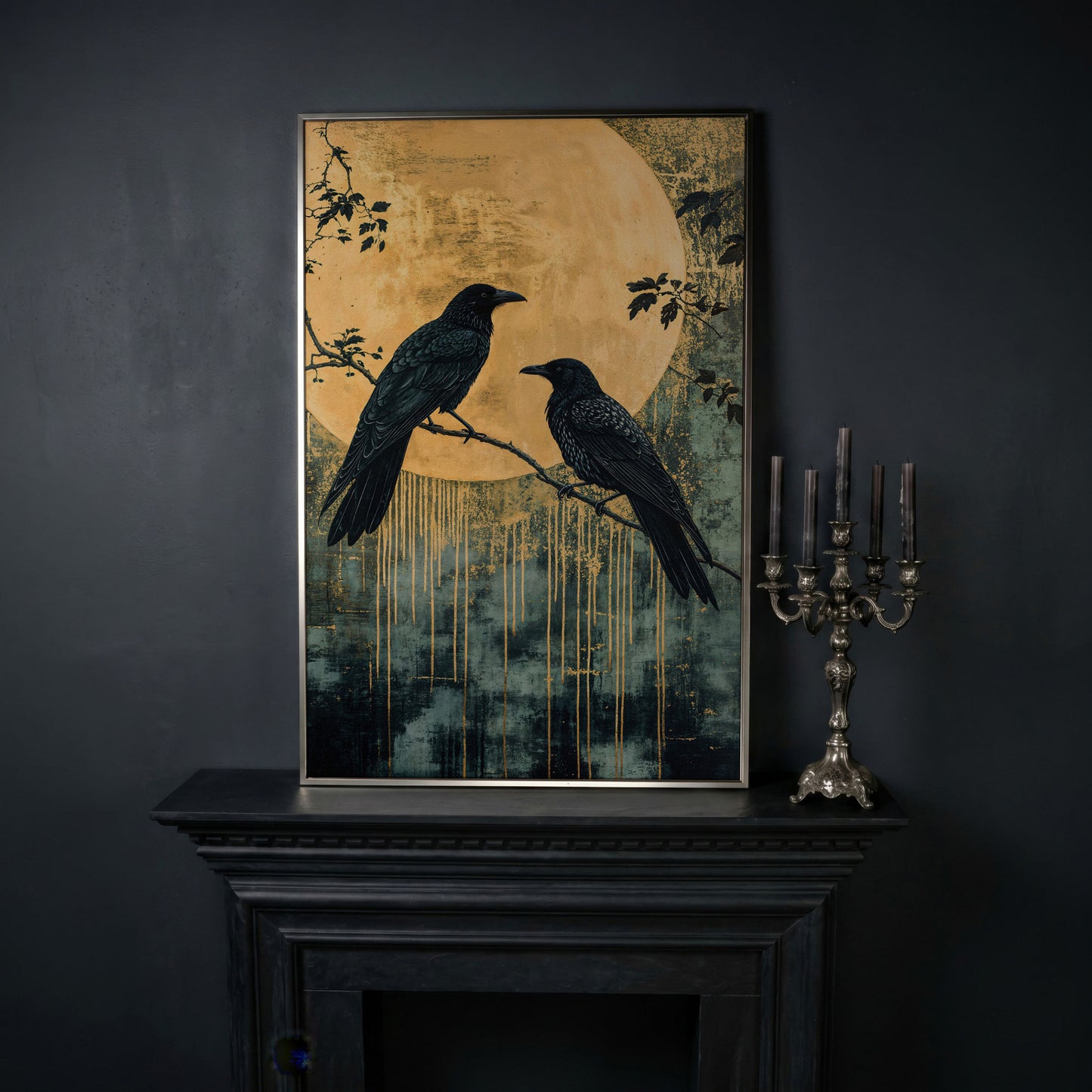 Raven and Moon Canvas Print in Teal and Gold in silver floating frame