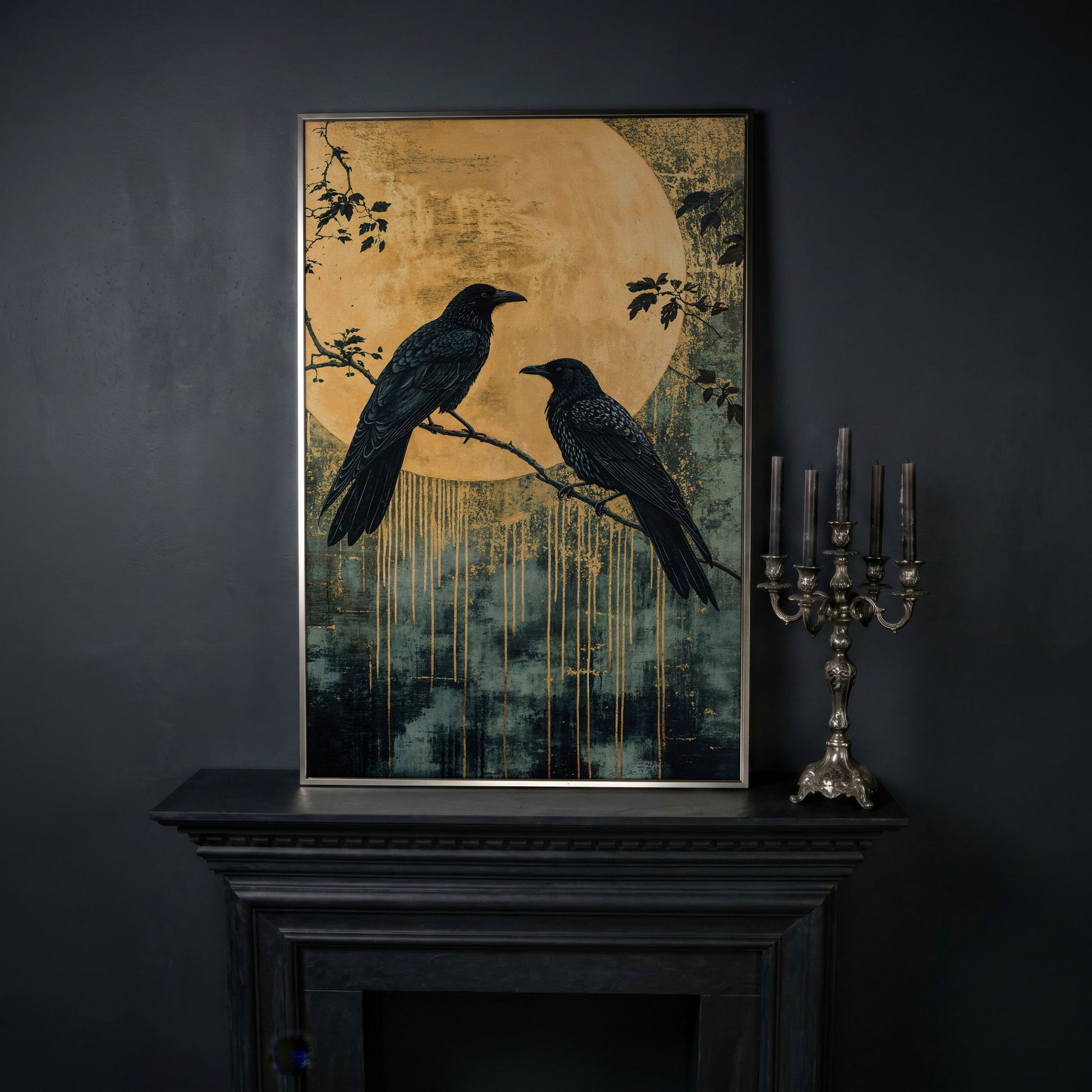 Raven and Moon Canvas Print in Teal and Gold in silver floating frame