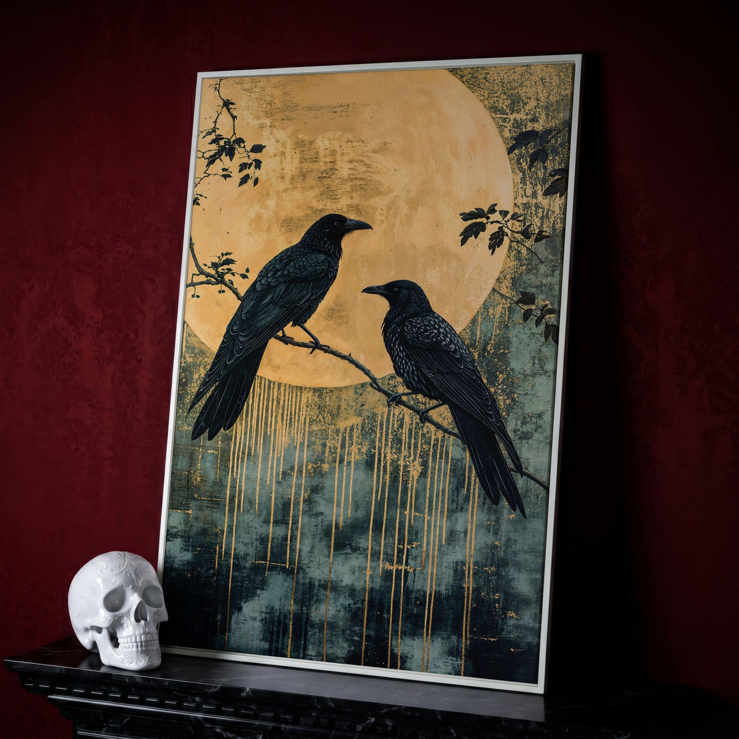 Raven and Moon Canvas Print in Teal and Gold in white floating frame
