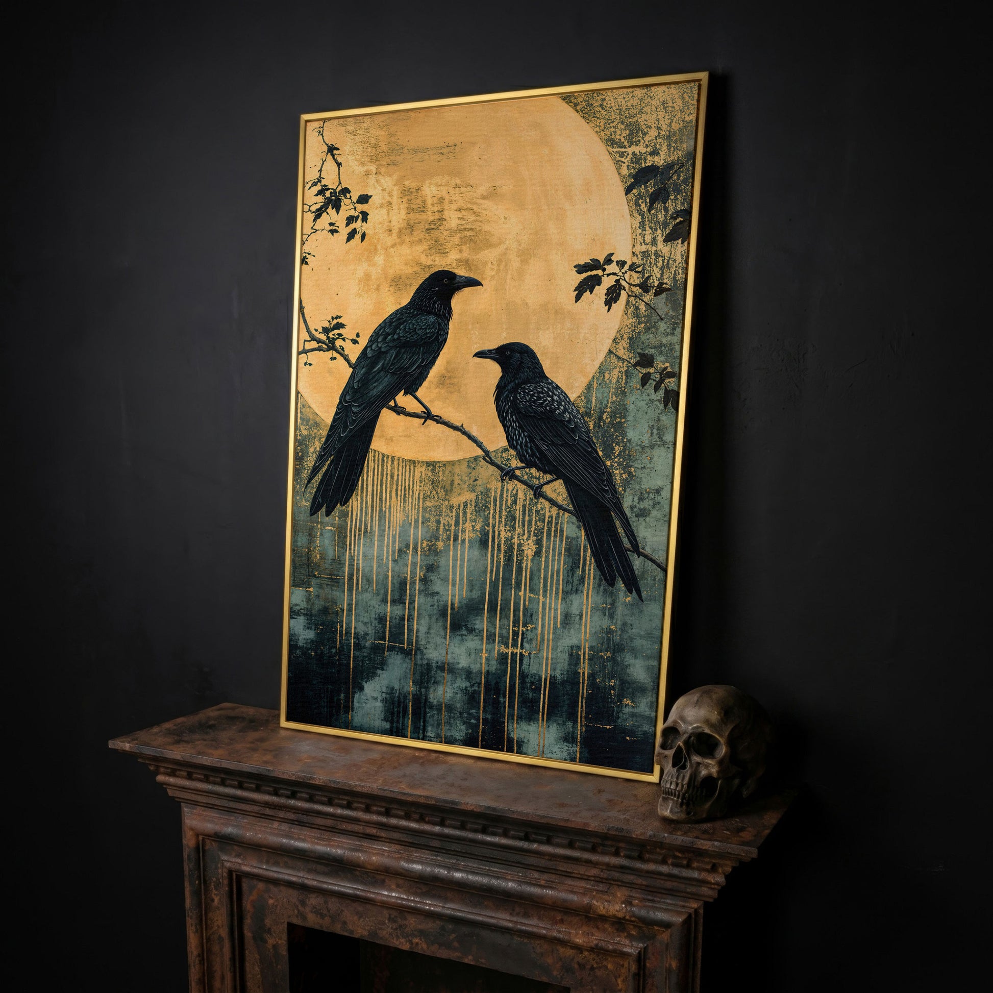 Raven and Moon Canvas Print in Teal and Gold in yellow gold floating frame