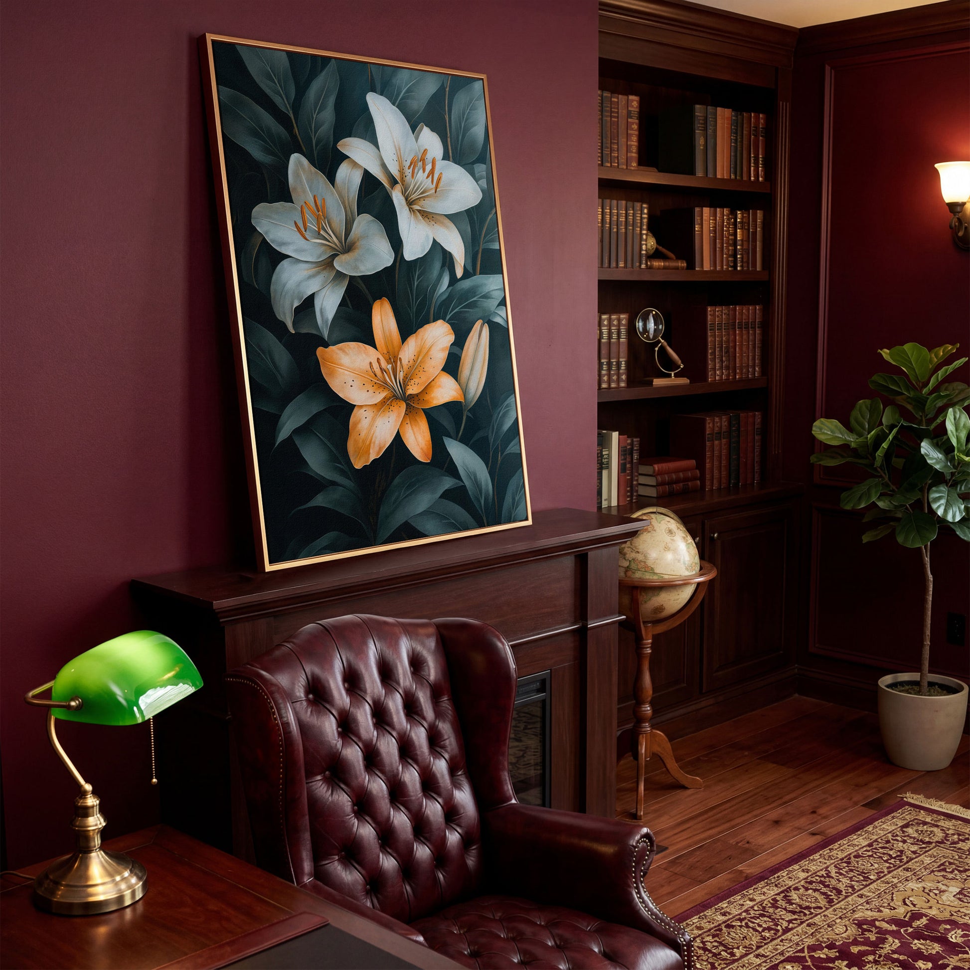 White and Orange Lilies on Teal Canvas in antique gold floating frame