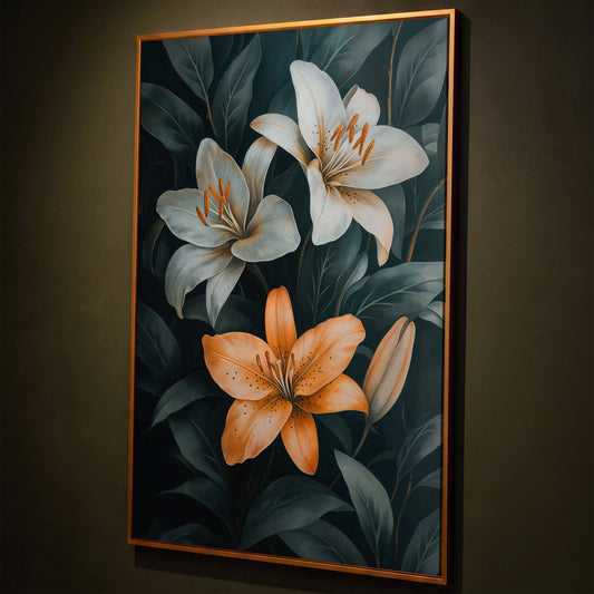 White and Orange Lilies on Teal Canvas shown in antique gold floating frame