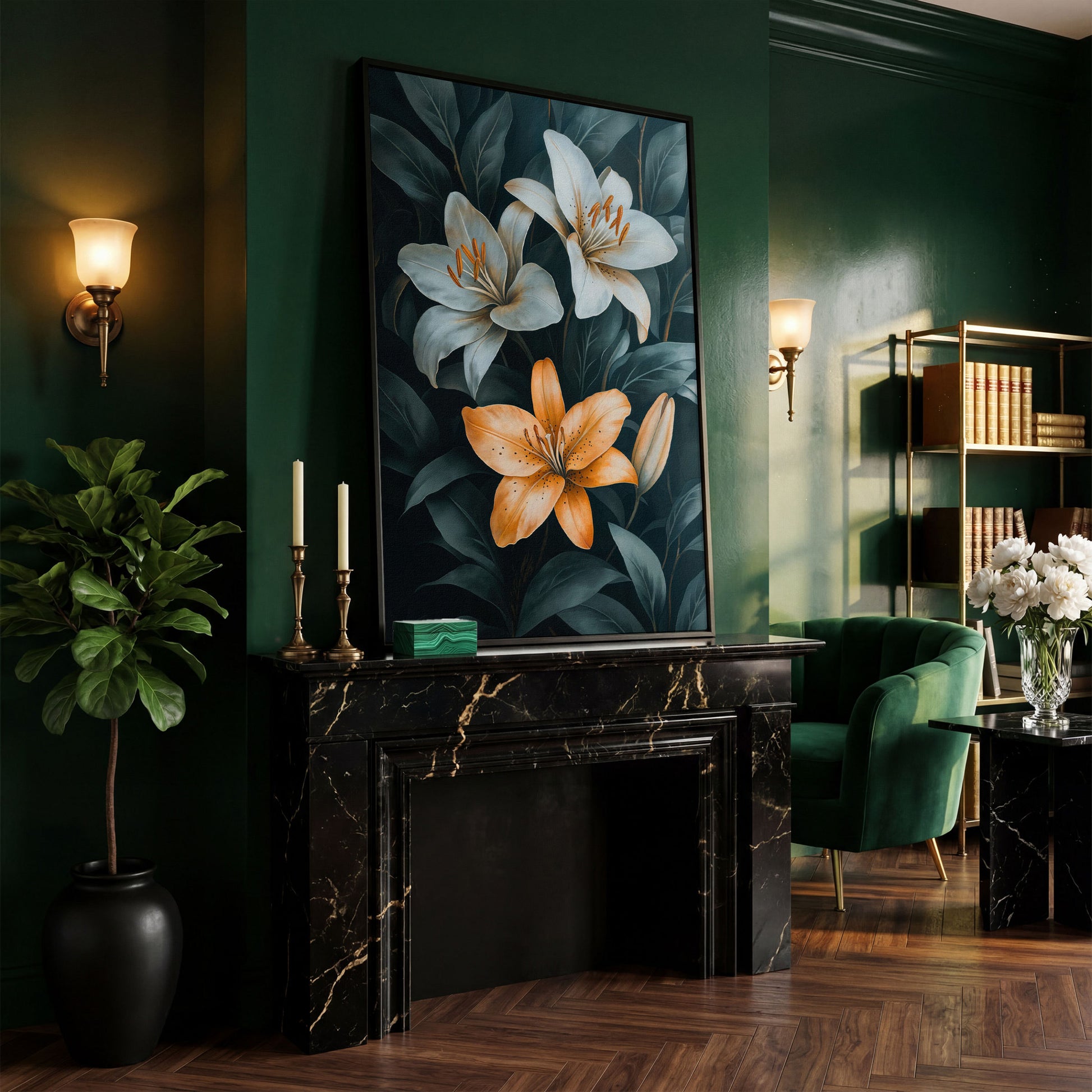White and Orange Lilies on Teal Canvas in black floating frame