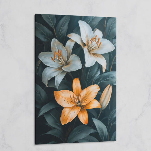 White and Orange Lilies on Teal Canvas on gallery wrap
