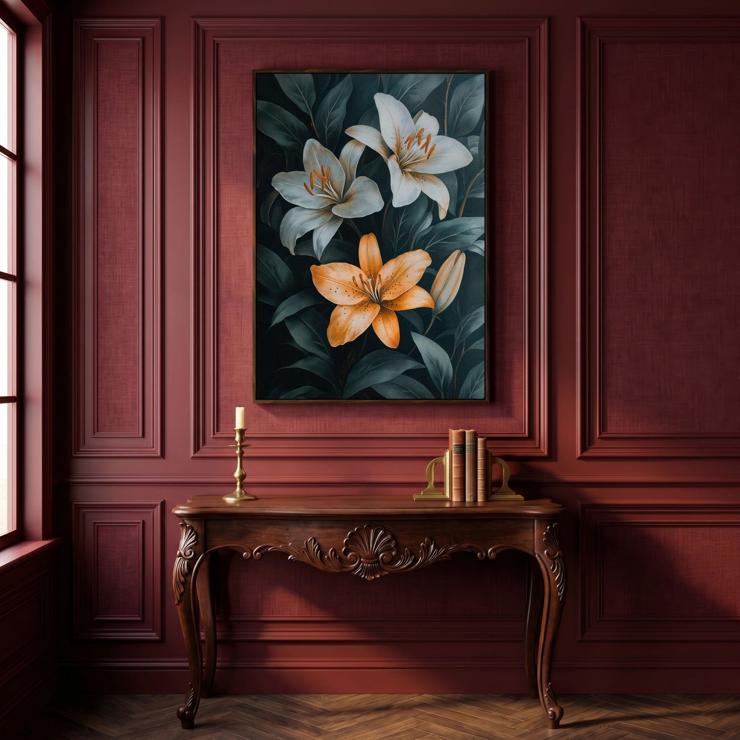 White and Orange Lilies on Teal Canvas in dark walnut floating frame
