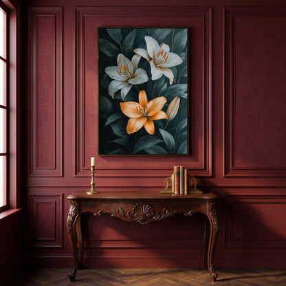 White and Orange Lilies on Teal Canvas in dark walnut floating frame